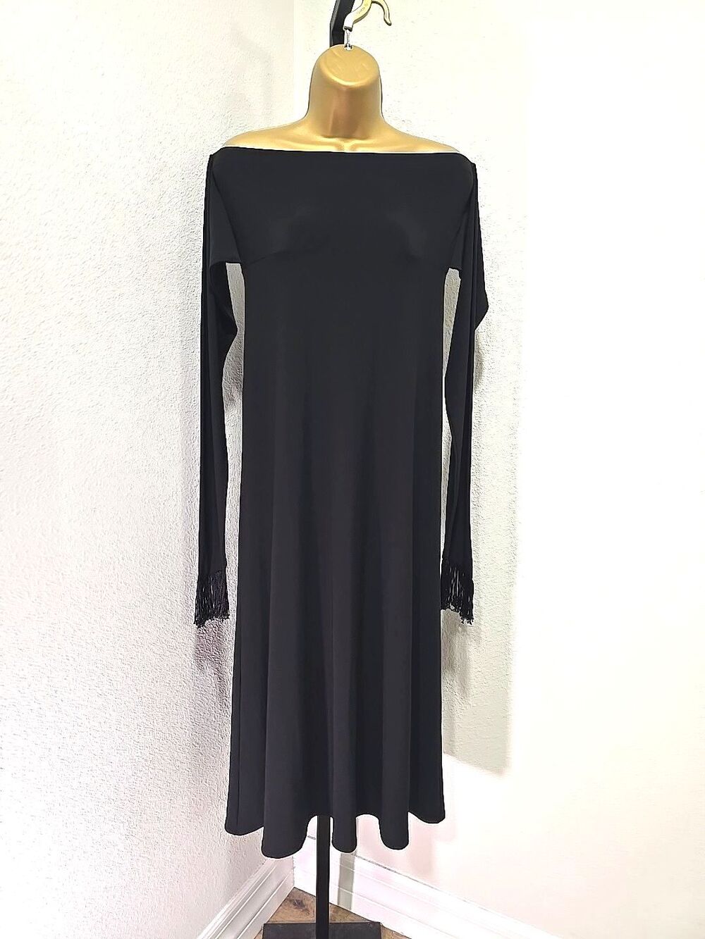 Vintage JBS Black Dress Med Midi Off Shoulder Fringe Cuff  Whimsigoth Minimalist